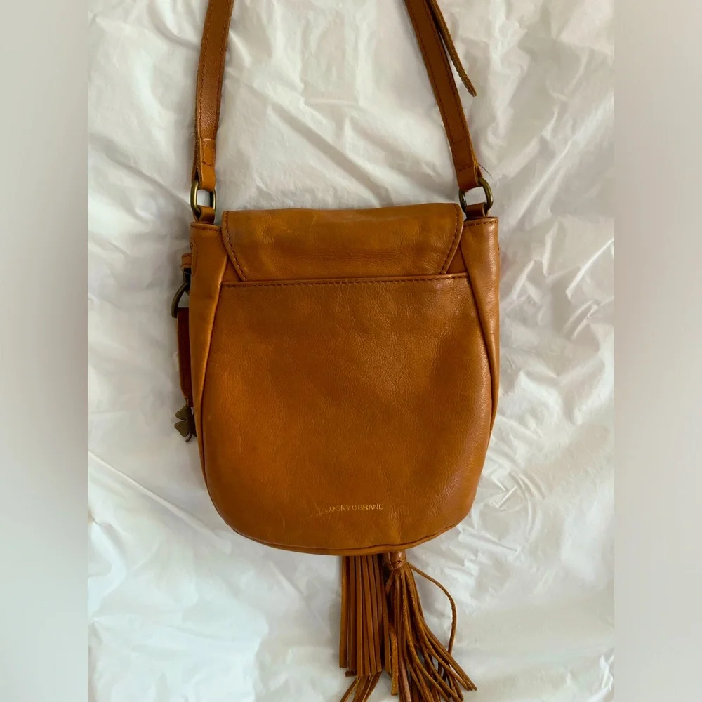 Lucky Brand Crossbody Natural Jordan Mini Brown Leather Tassel Saddle Bag - Picture 3 of 8